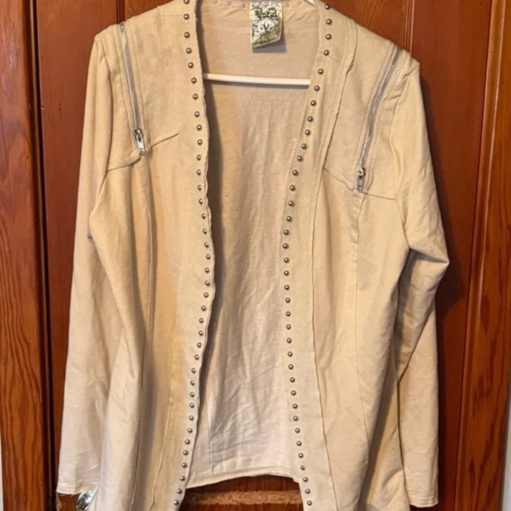 Vocal Cream Open-Front Stud & Zip Detail Jean Jacket